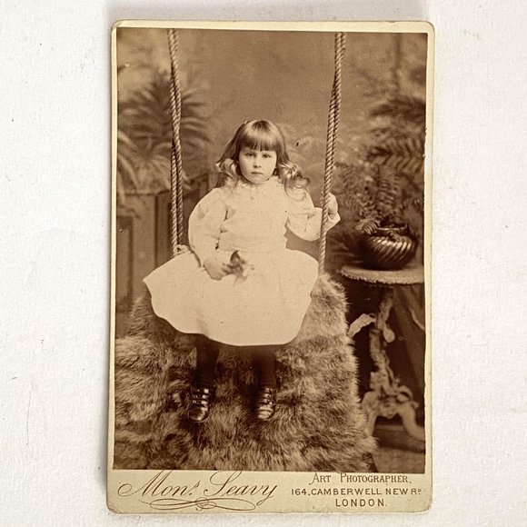 c1880 Ornate Cabinet Card Young Girl Swing Portrait Charles Seavy London England - Picture 2 of 7
